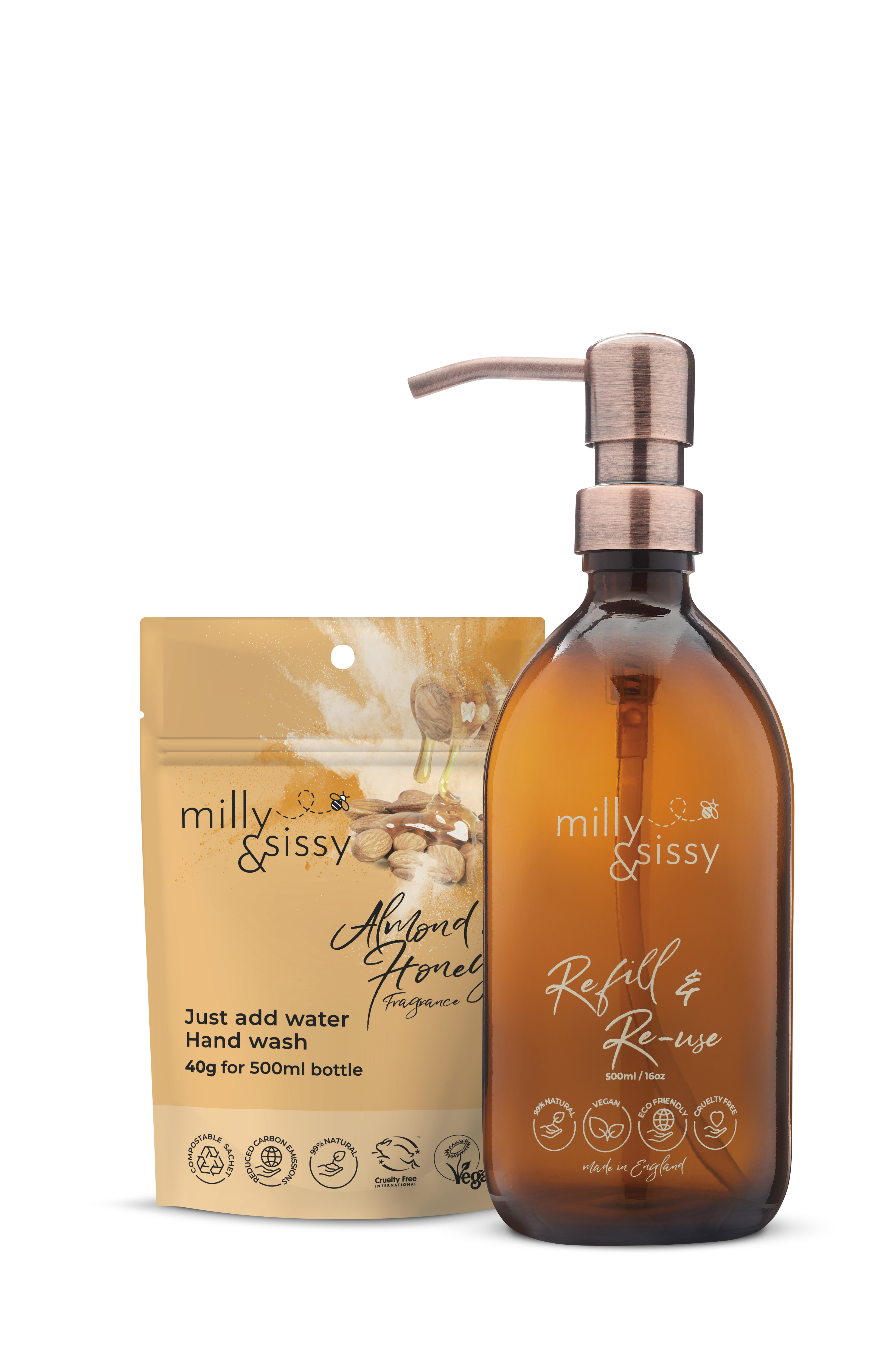 Gift Set hand wash Honey & Almond refill with Glass bottle